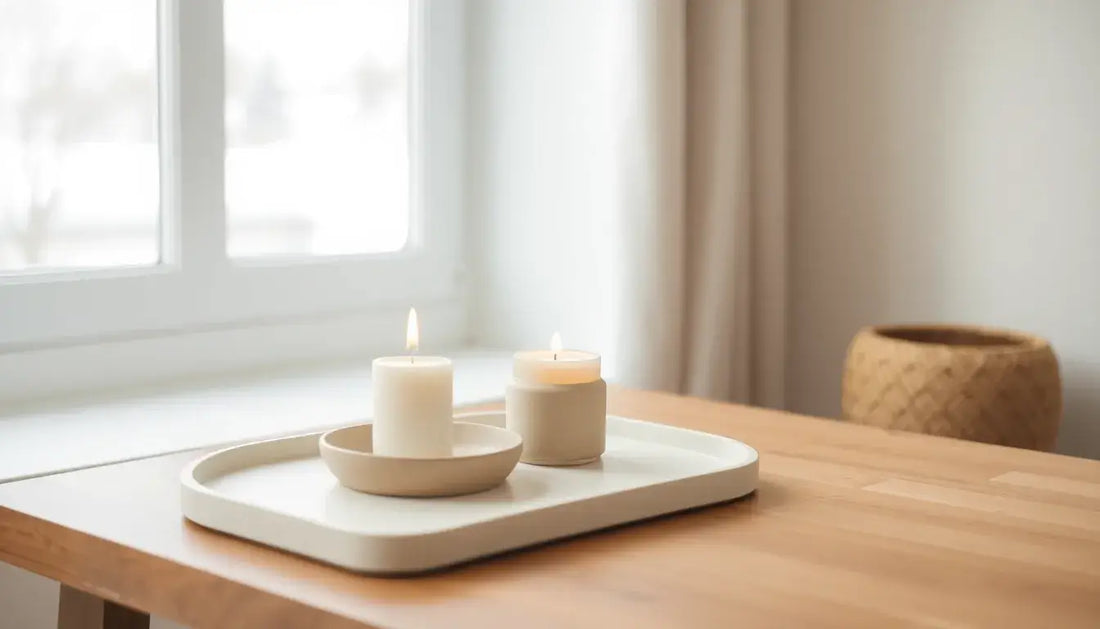 Rustgevende geurkaars in een rustig Japandi interieur, symbool voor een zacht begin van het jaar