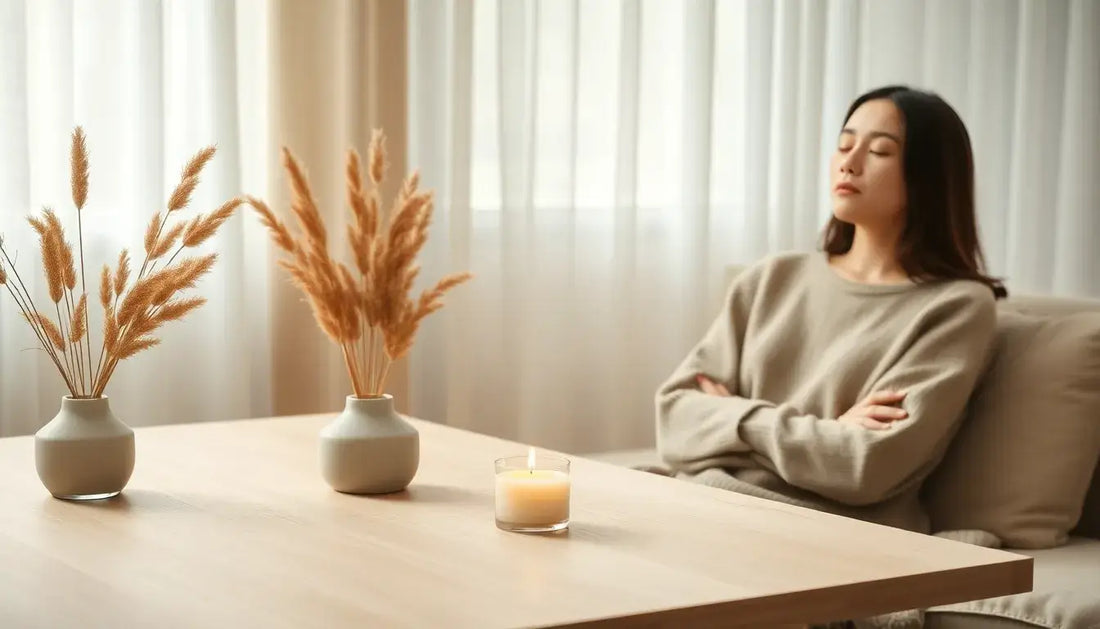“Geurkaarsen tegen stress in rustgevend Japandi interieur met zachte natuurlijke tinten”