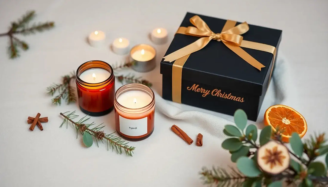 kerstcadeau vrouw, rustig kerstbeeld met een amber kaars, cadeauverpakking en natuurlijke elementen