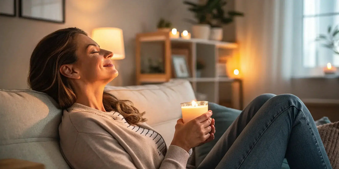 Vrouw op bank genietend met een kaars tijdens stemmingswisselingen bij menstruatie.