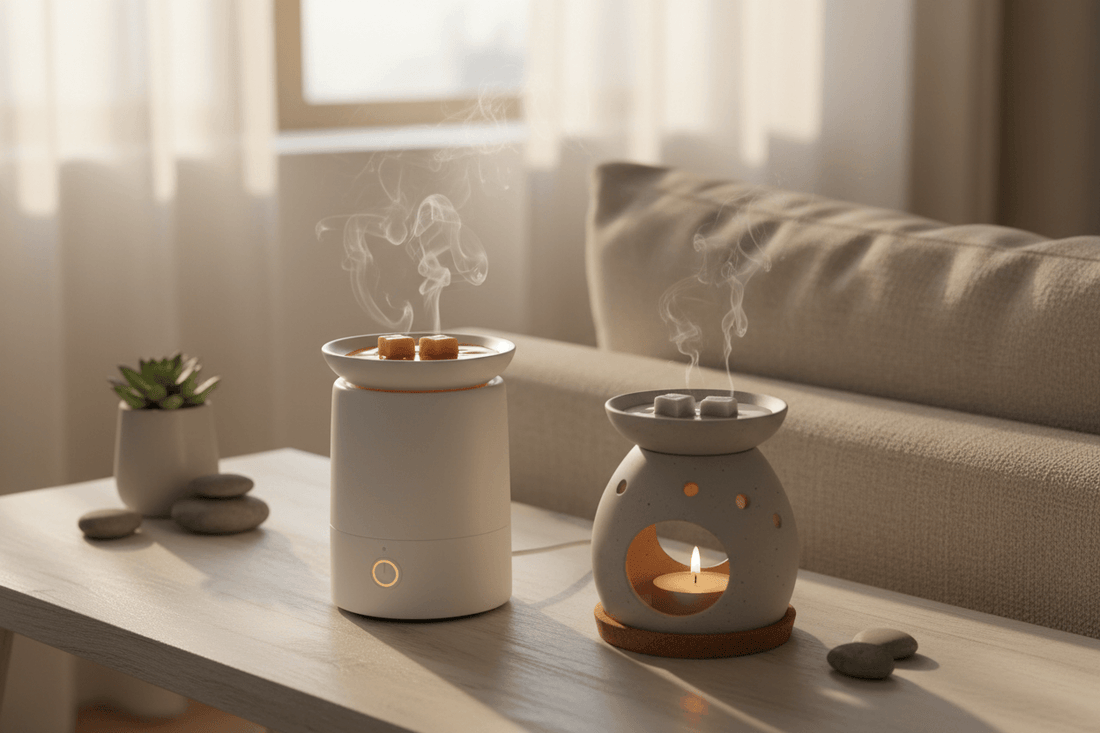 Elektrische waxbrander en theelichtbrander met smeltende waxmelts naast elkaar