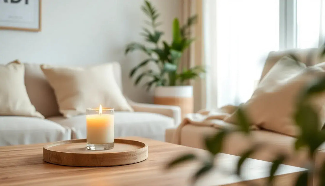 Rustgevende geurkaars in een calm Japandi interieur voor ontspanning in huis