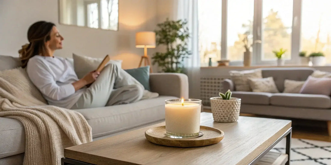 Vrouw geniet van een rustmoment met geurkaars, creëer een positieve sfeer in huis.