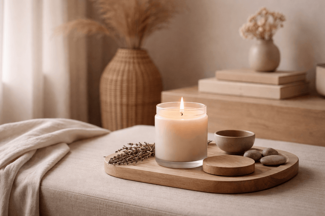 Wellness kaars in rustige japandi setting voor ontspanning, meditatie en rust in huis