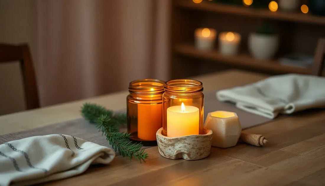 Japandi stijl kersttafel met amberkleurige geurkaarsen en natuurlijke decoratie – perfect als geurcadeau voor kerst.
