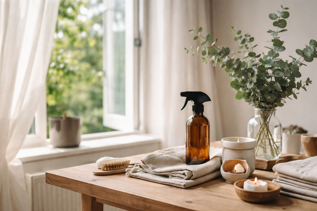 Lenteschoonmaak met natuurlijke geuren in een lichte Japandi woonkamer met amber glas roomspray en eucalyptus