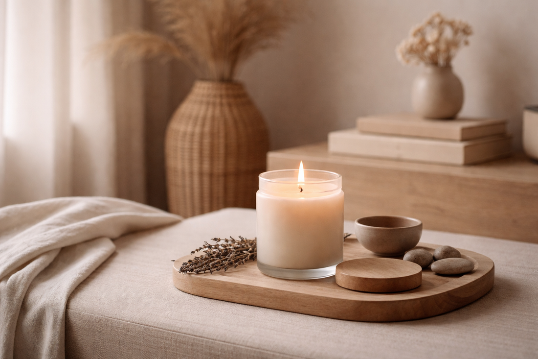 Wellness kaars in rustige japandi setting voor ontspanning, meditatie en rust in huis