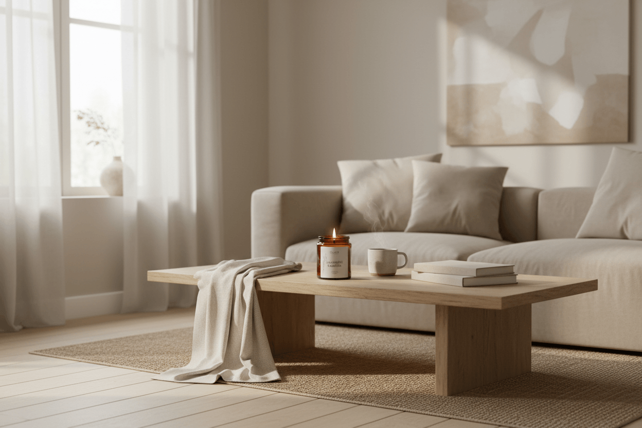 Geurkaars Lavendel - Kamille van Roeloffs Candles op een houten salontafel in een rustige woonkamer,