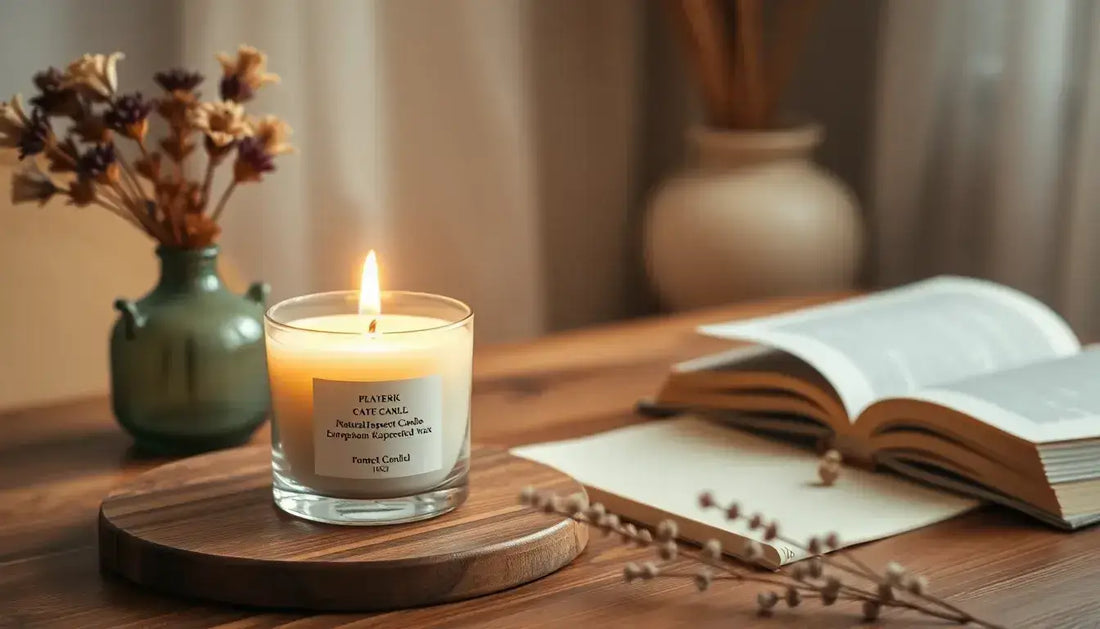 Natuurlijke geurkaarsen op een houten plank met een open boek en bloemen in de achtergrond