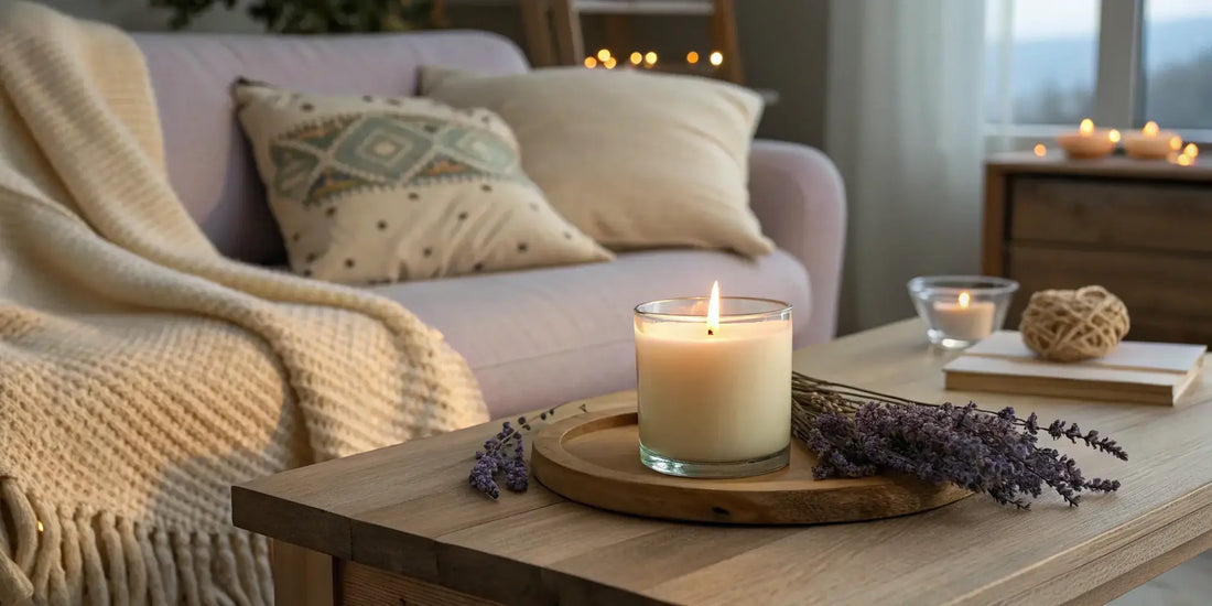 Spanning loslaten met brandende geurkaars in warme woonkamer
