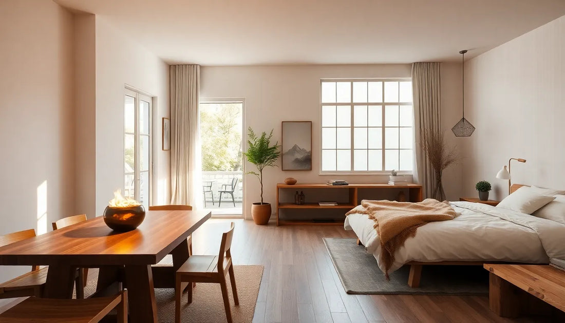 Japandi kamer met geurkaars en geurstokjes in natuurlijke setting – sfeervol interieur dat rust, warmte en balans uitstraalt.