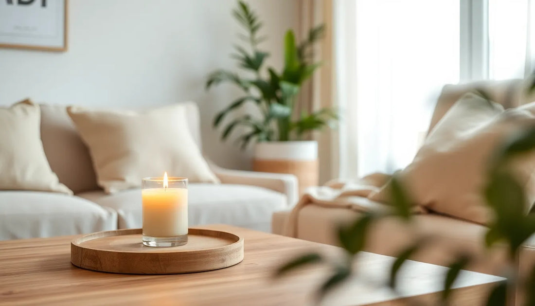 Rustgevende geurkaars in een calm Japandi interieur voor ontspanning in huis