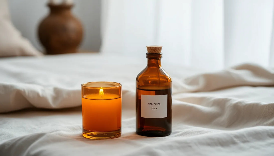 Rust in huis met amber glazen geurkaars en geurstokjes in een warm, rustig interieur