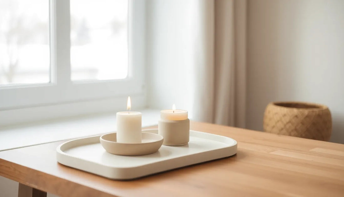 Rustgevende geurkaars in een rustig Japandi interieur, symbool voor een zacht begin van het jaar