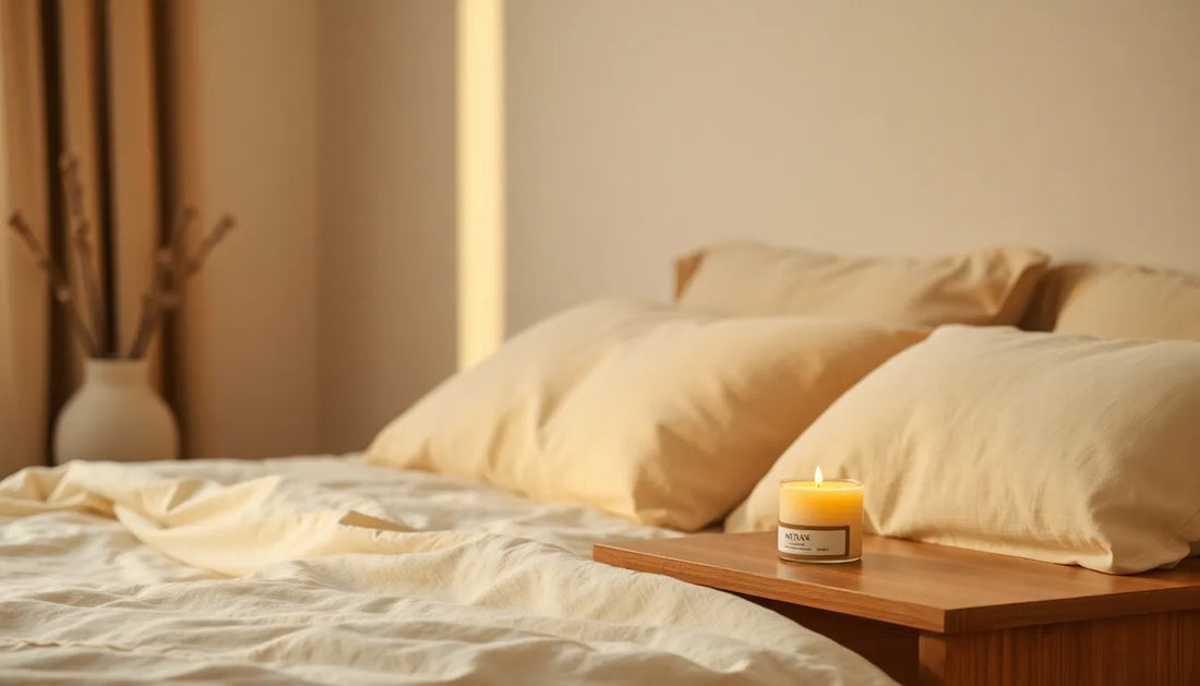 Geurkaars voor betere slaap in rustige Japandi slaapkamer