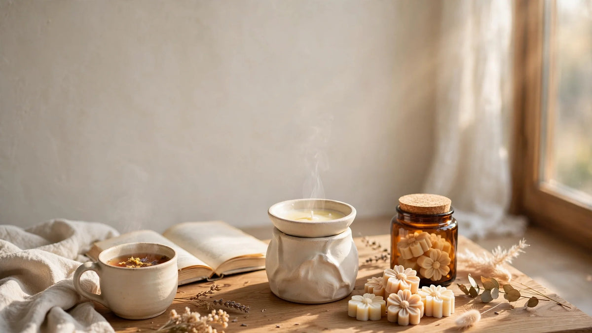Waxmelts gebruiken in een keramische waxbrander tijdens een ontspannen wellnessmoment in huis.