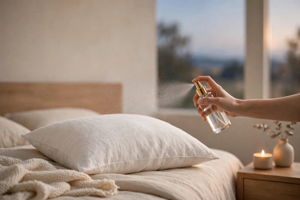 Pillow spray wordt op een kussen gesprayd als onderdeel van een ontspannen avondritueel.