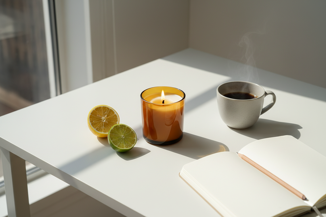 Geurkaarsen voor energie en focus op werkplek met ochtendlicht