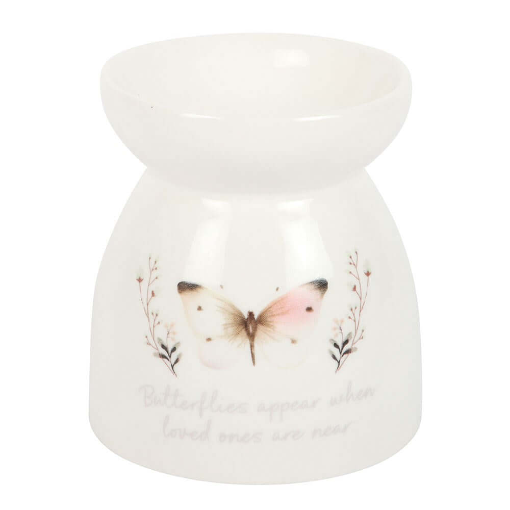 Waxbrander vlinders: witte keramische waxbrander met vlinderdesign en liefdevolle boodschap.