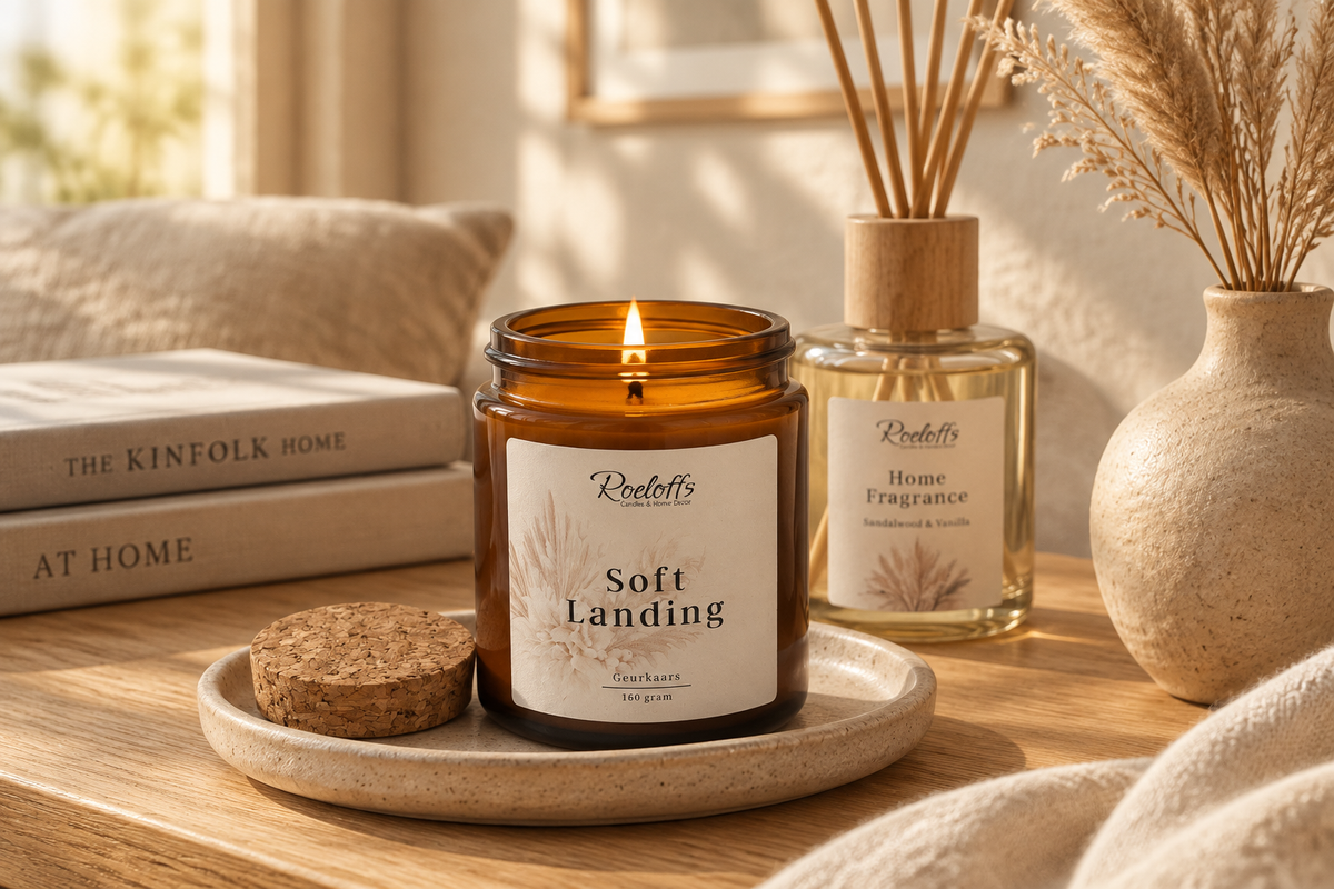 Close-up of the Soft Landing candle burning on a ceramic tray beside reed diffusers in a Japandi interior