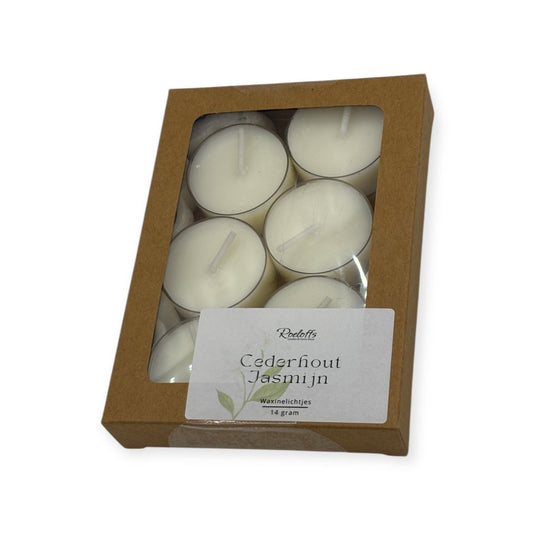 Geur Waxinelichtjes Cederhout - Jasmijn - De subtiele geur van Cederhout - Jasmijn in deze waxinelichtjes met geur helpen je om te herstellen na een lange dan en weer tot rust te komen.  Roeloffs Candles & Home Decor 