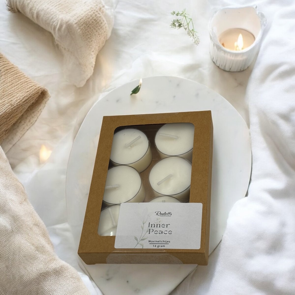 Geur waxinelichtjes Inner Peace - Creëer sfeer en ontspanning in huis met de kleine vlammetjes van onze waxinelichtjes met geur. Ervaar zelf hoe geur jou innerljike rust brengt Roeloffs Candles & Home Decor 