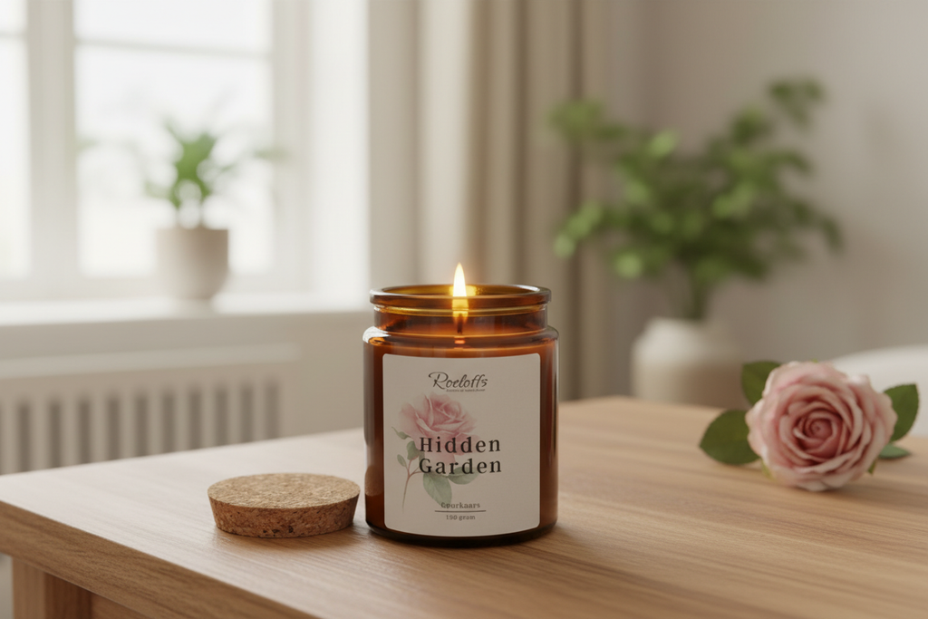 Hidden Garden kaars met brandende vlam in een lichte woonkamer