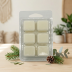 Natuurlijke productcompositie met waxmelts op licht hout, dennentakken, dennenappels en eucalyptus