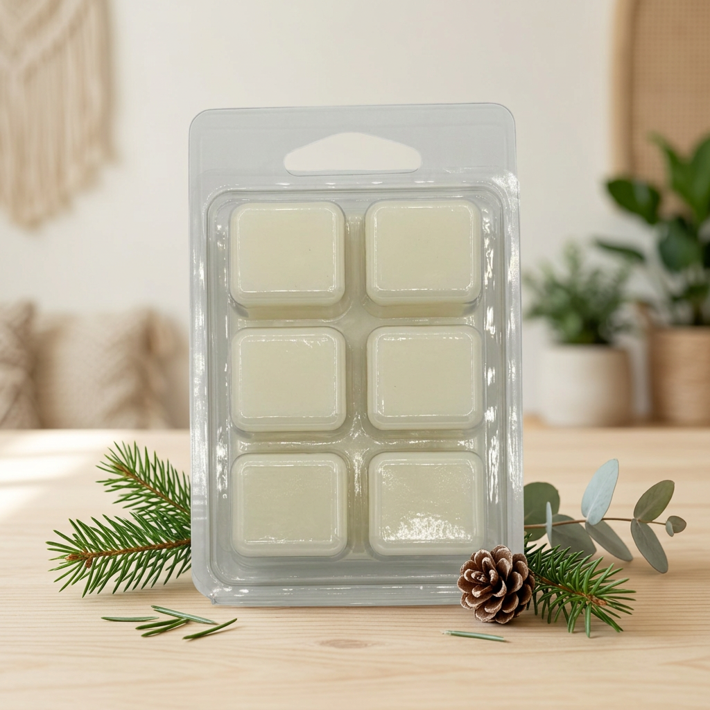 Natuurlijke productcompositie met waxmelts op licht hout, dennentakken, dennenappels en eucalyptus