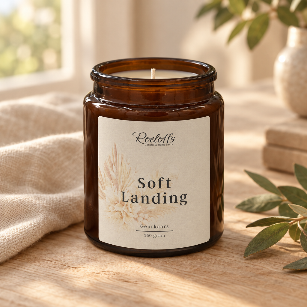 Open Soft Landing-geurkaars in een rustig interieur met zacht namiddaglicht