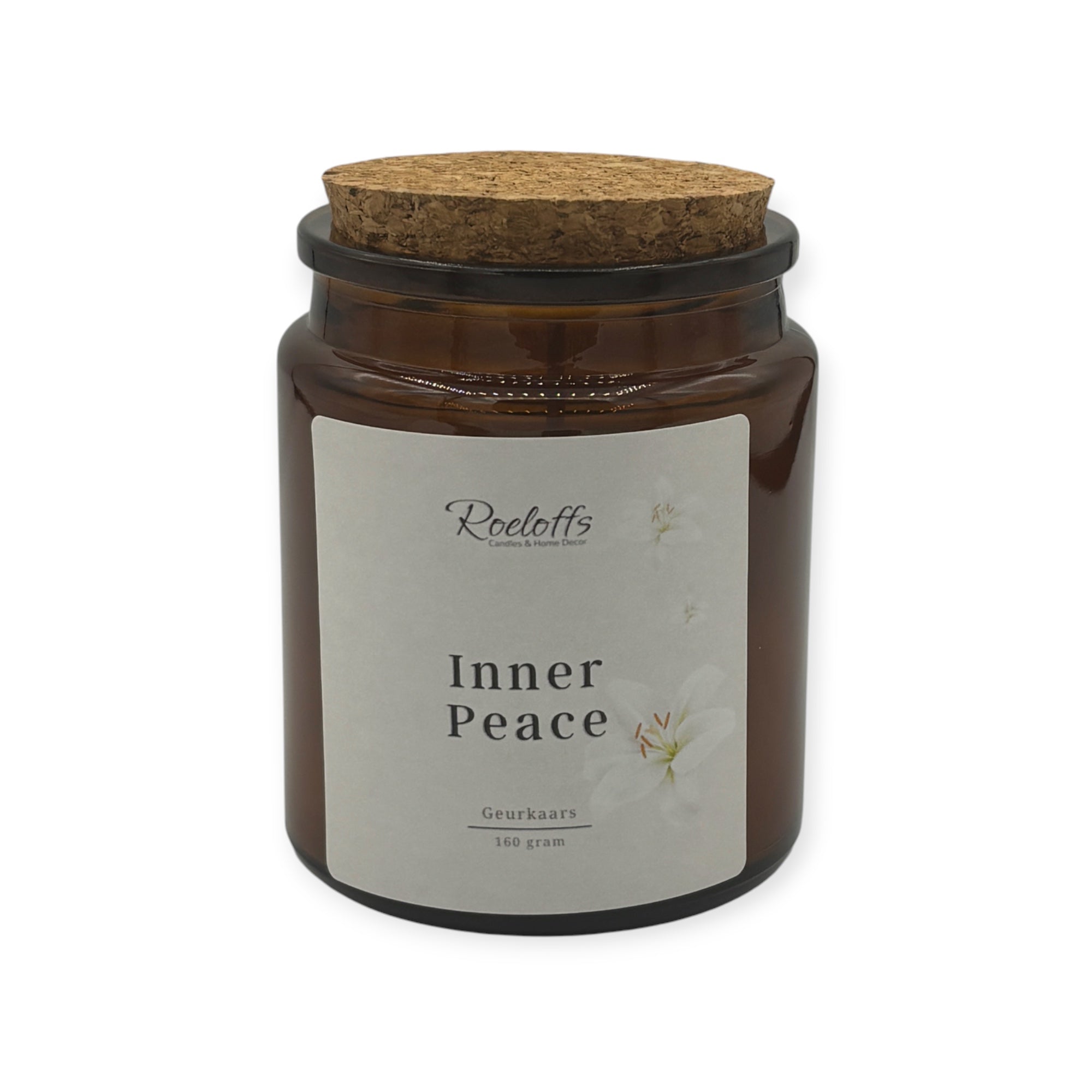 Geurkaars Inner Peace in glazen pot met kurken deksel, perfect voor ontspanning en rust.