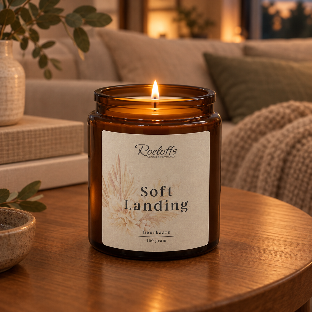 Soft Landing-geurkaars met een kleine vlam in een warme, rustige woonkamer