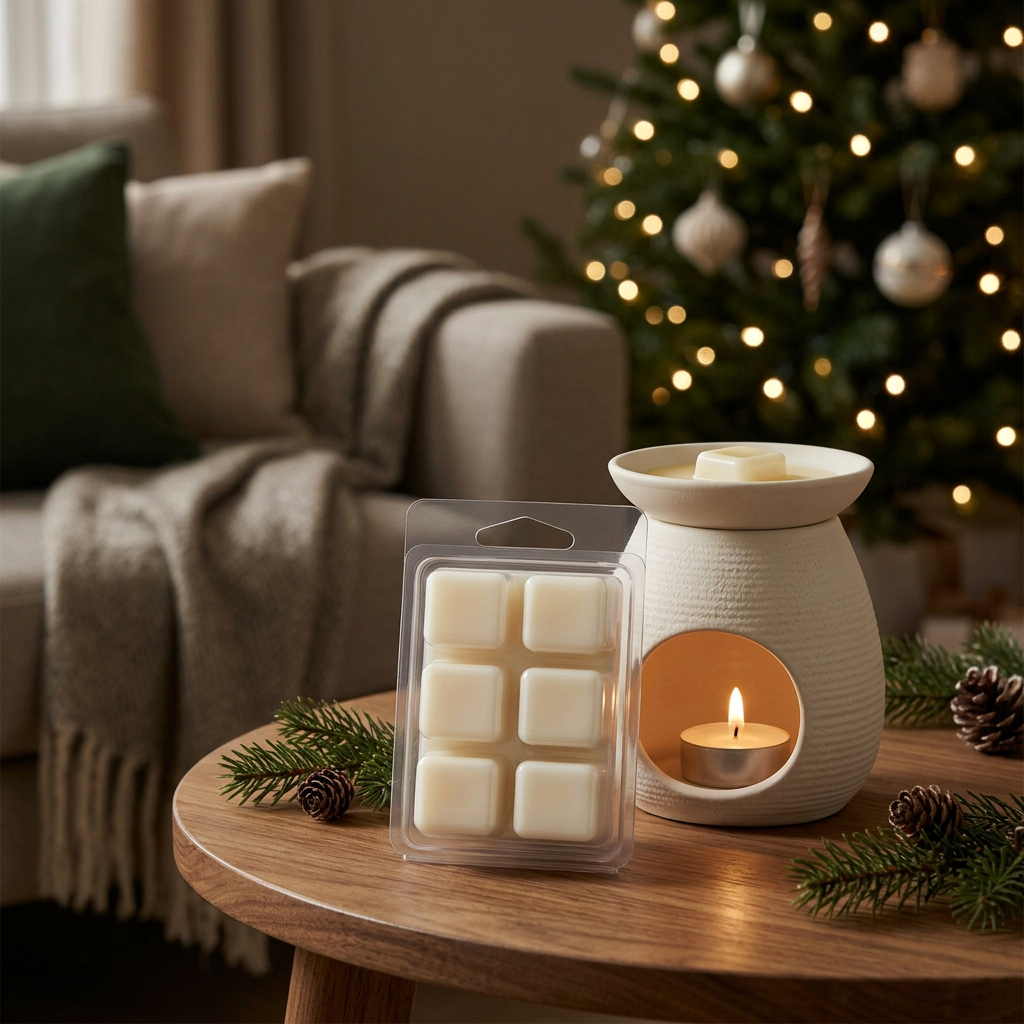 Waxmelts naast een keramische waxbrander in een warme woonkamer met zachte kerstverlichting