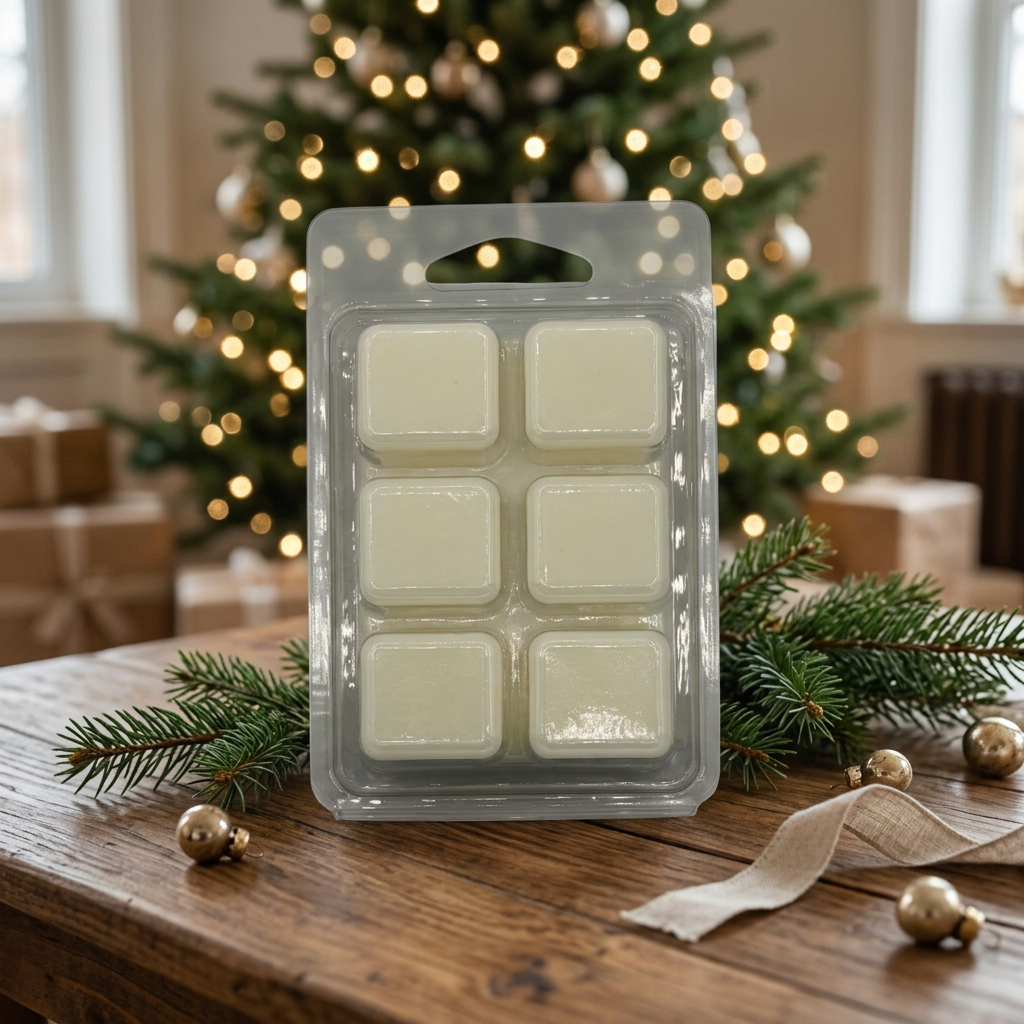 Waxmelts op een rustieke houten tafel met dennentakken en een warm verlichte kerstboom op de achtergrond